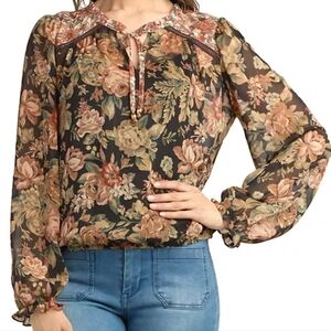 BCX Juniors' Floral-Print Split-Neck Blouson-Sleeve Top